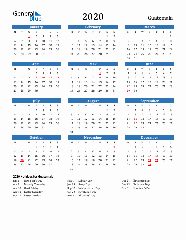 Guatemala 2020 Calendar with Holidays