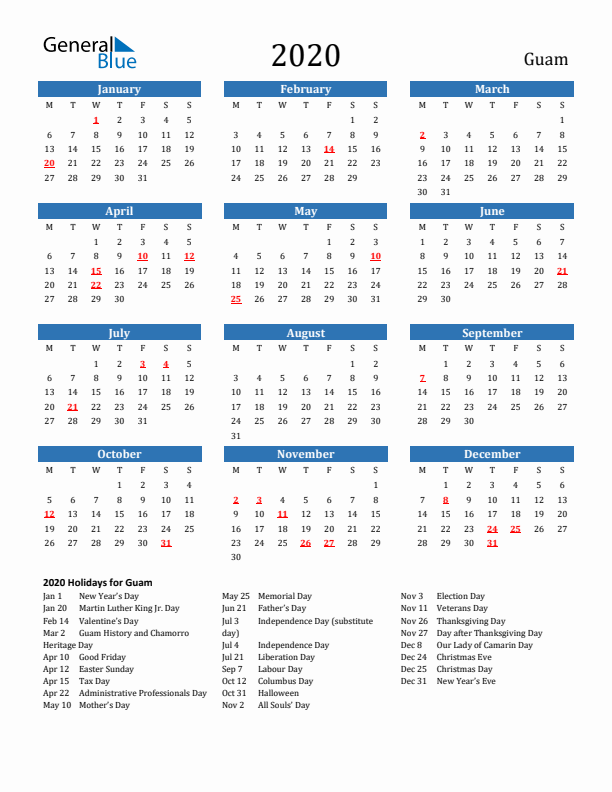 Guam 2020 Calendar with Holidays