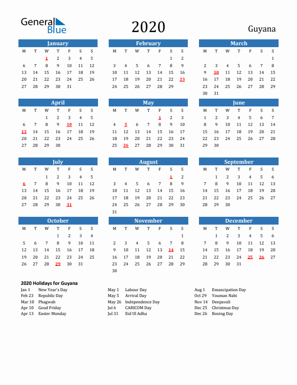 Guyana 2020 Calendar with Holidays