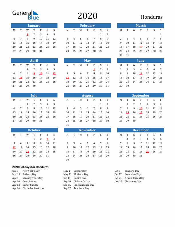 Honduras 2020 Calendar with Holidays