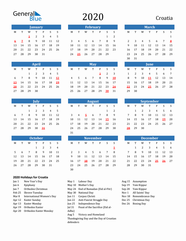 Croatia 2020 Calendar with Holidays