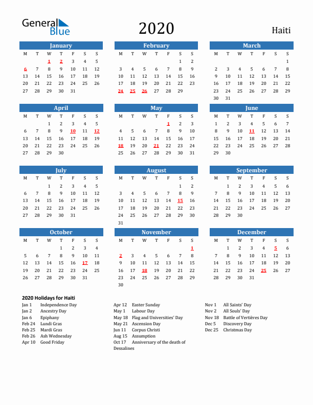 Haiti 2020 Calendar with Holidays