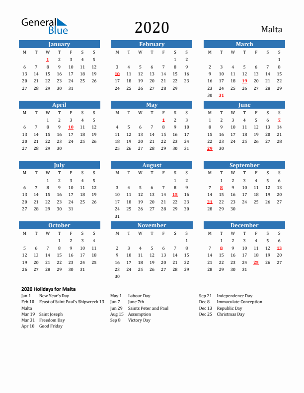 Malta 2020 Calendar with Holidays