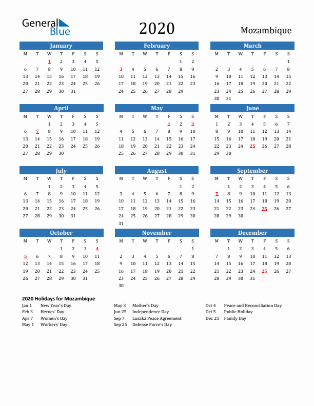 Mozambique 2020 Calendar with Holidays