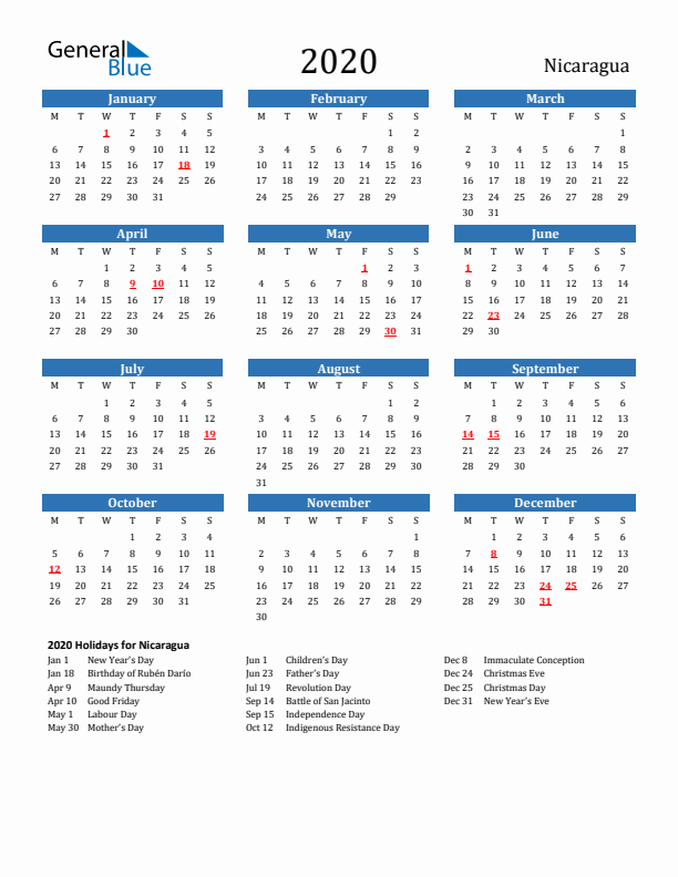 Nicaragua 2020 Calendar with Holidays