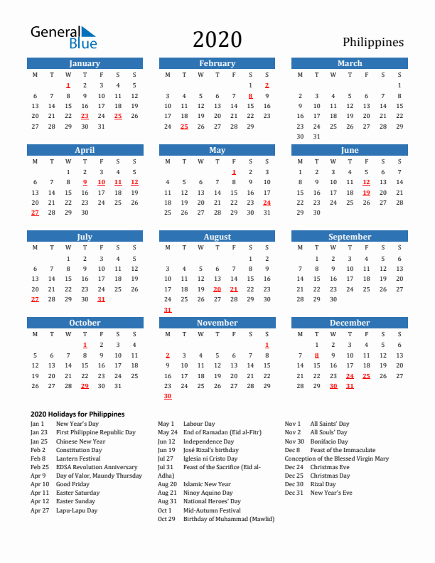 Philippines 2020 Calendar with Holidays