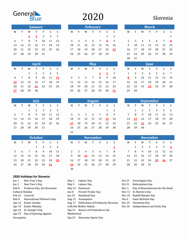 Slovenia 2020 Calendar with Holidays