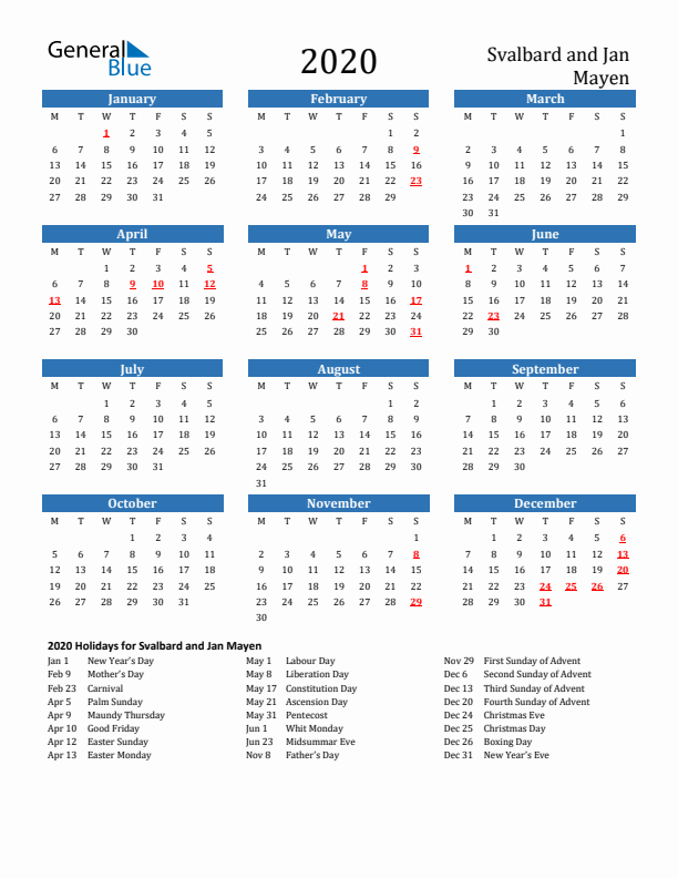 Svalbard and Jan Mayen 2020 Calendar with Holidays