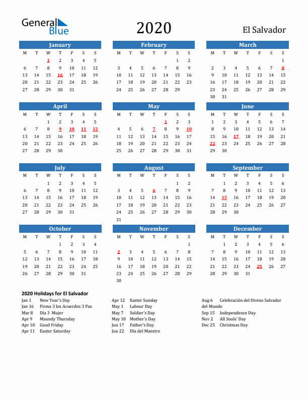 El Salvador 2020 Calendar with Holidays