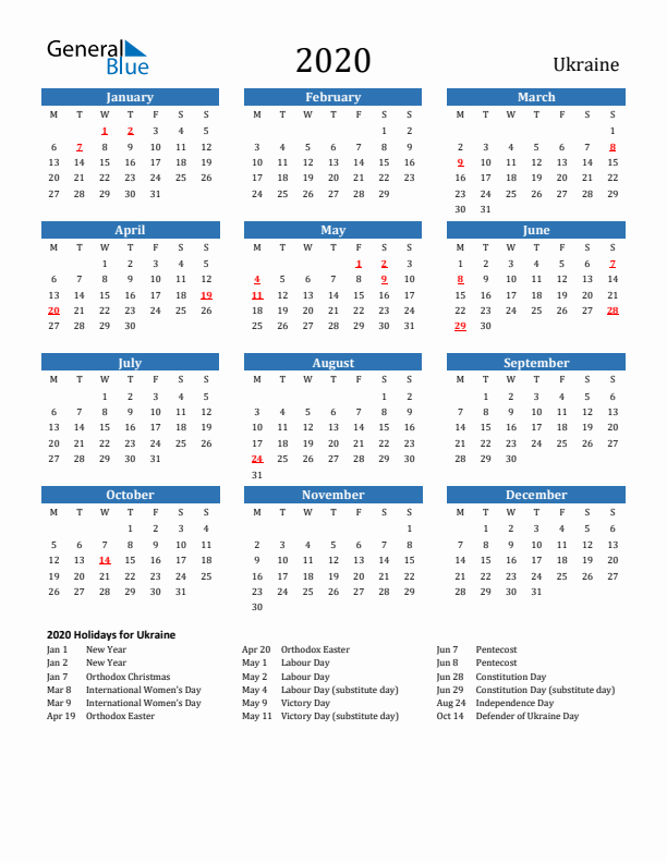 Ukraine 2020 Calendar with Holidays