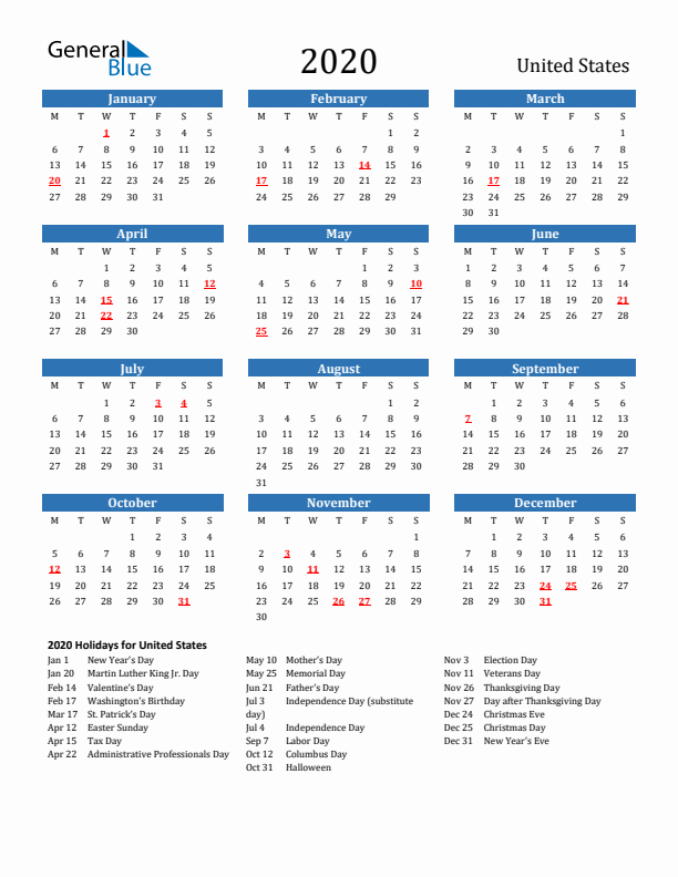 United States 2020 Calendar with Holidays