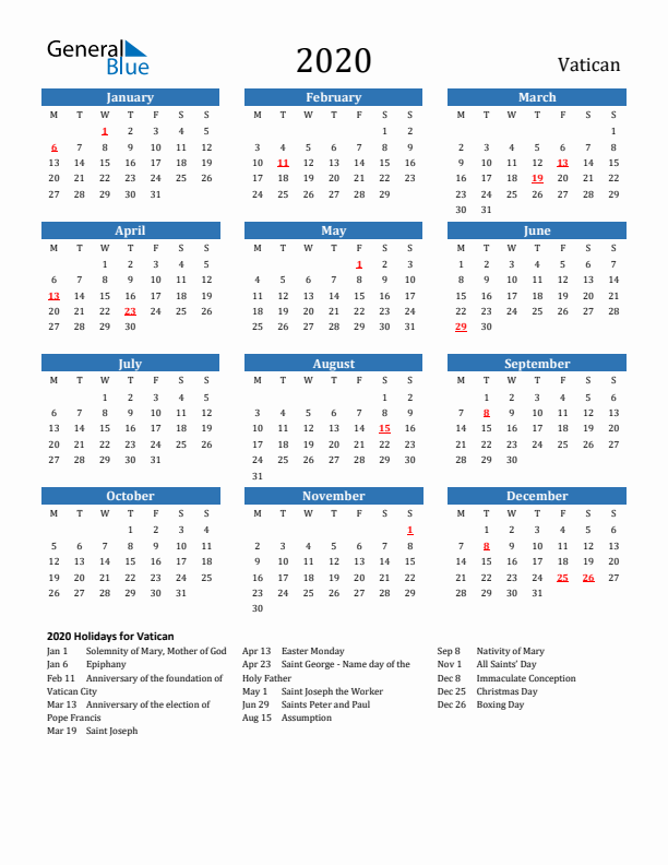 Vatican 2020 Calendar with Holidays