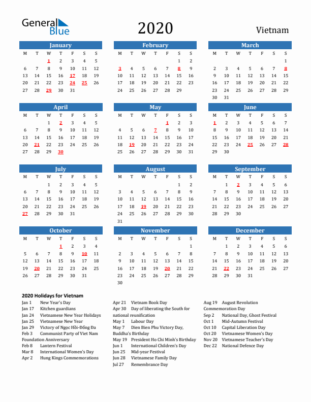 Vietnam 2020 Calendar with Holidays