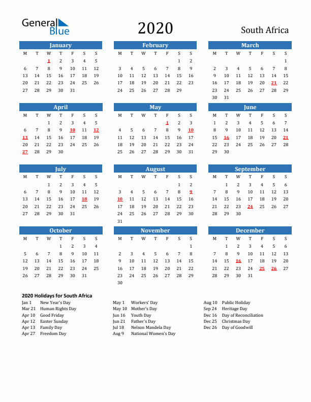 South Africa 2020 Calendar with Holidays