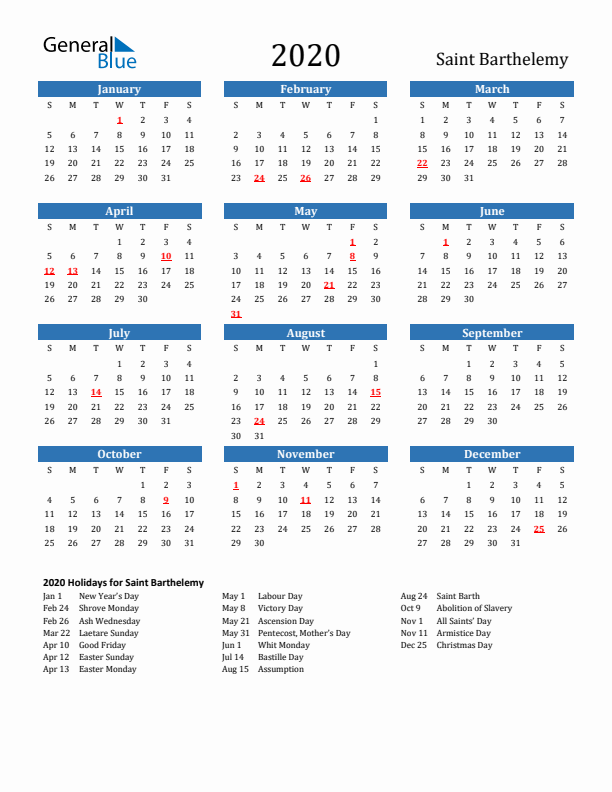 Saint Barthelemy 2020 Calendar with Holidays