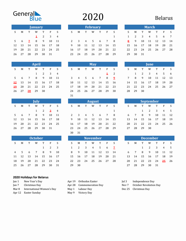 Belarus 2020 Calendar with Holidays