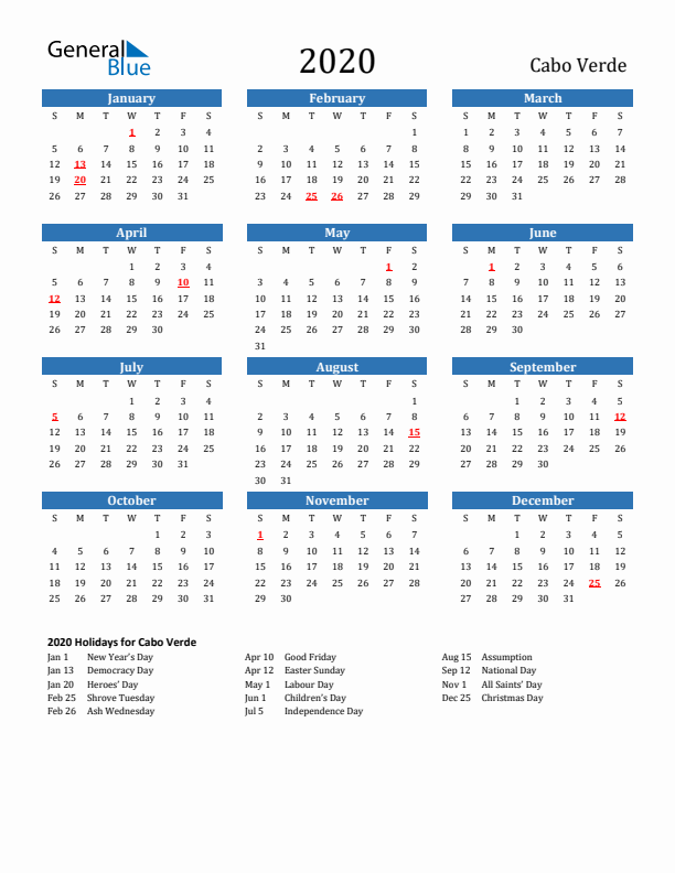 Cabo Verde 2020 Calendar with Holidays