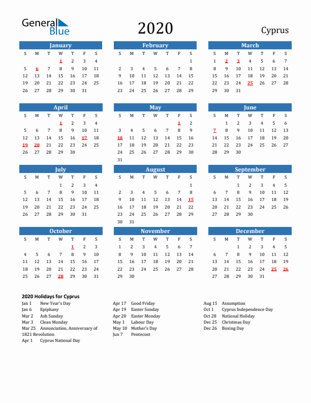 Cyprus 2020 Calendar with Holidays