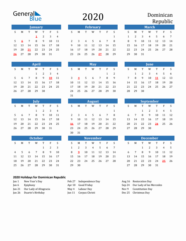 Dominican Republic 2020 Calendar with Holidays