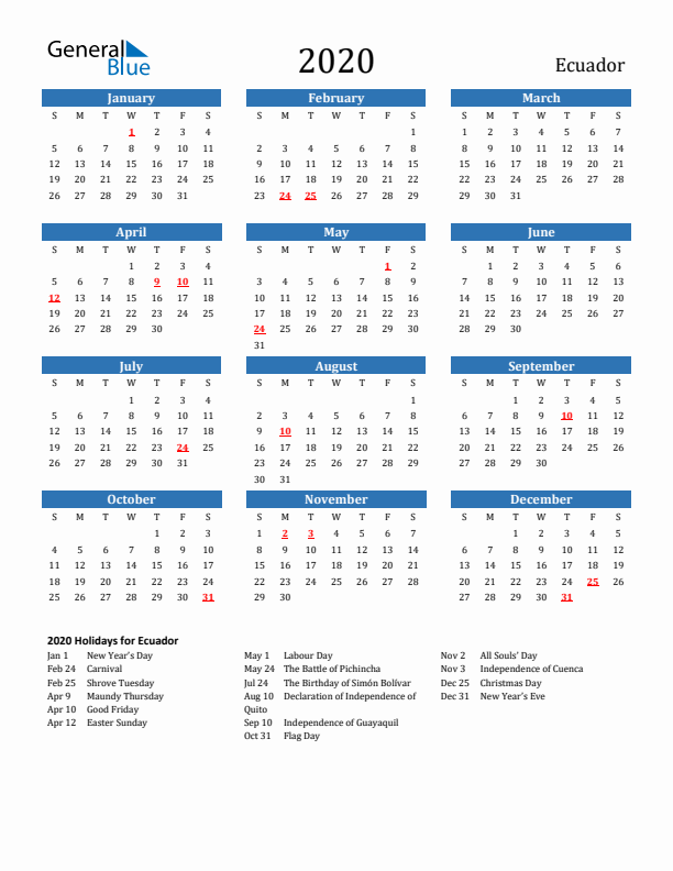 Ecuador 2020 Calendar with Holidays