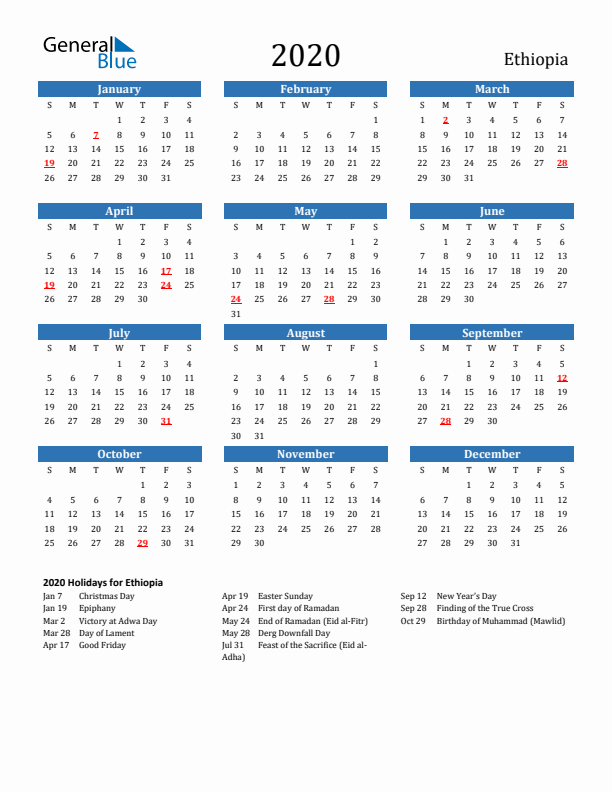 Ethiopia 2020 Calendar with Holidays