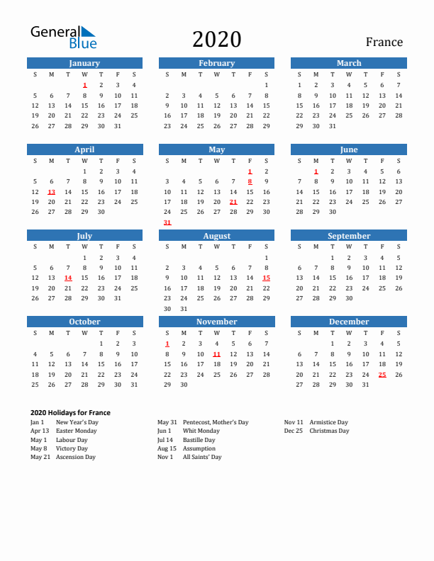 France 2020 Calendar with Holidays