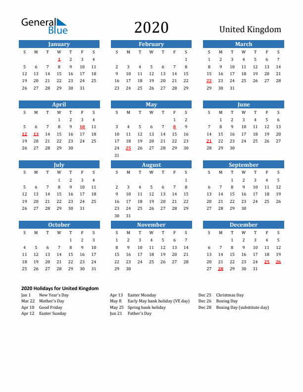 United Kingdom 2020 Calendar with Holidays