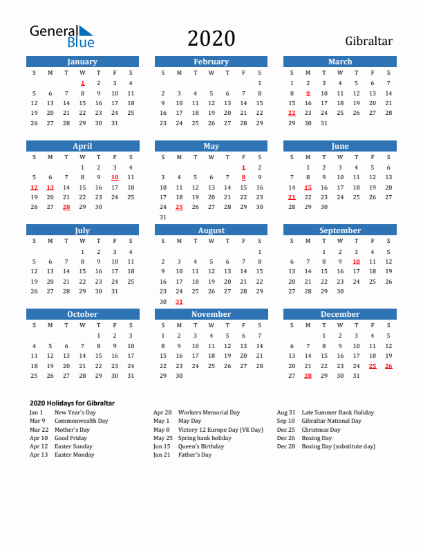 Gibraltar 2020 Calendar with Holidays