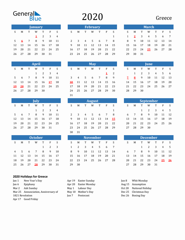 Greece 2020 Calendar with Holidays