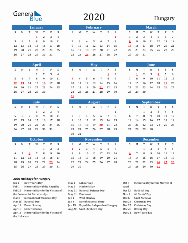 Hungary 2020 Calendar with Holidays