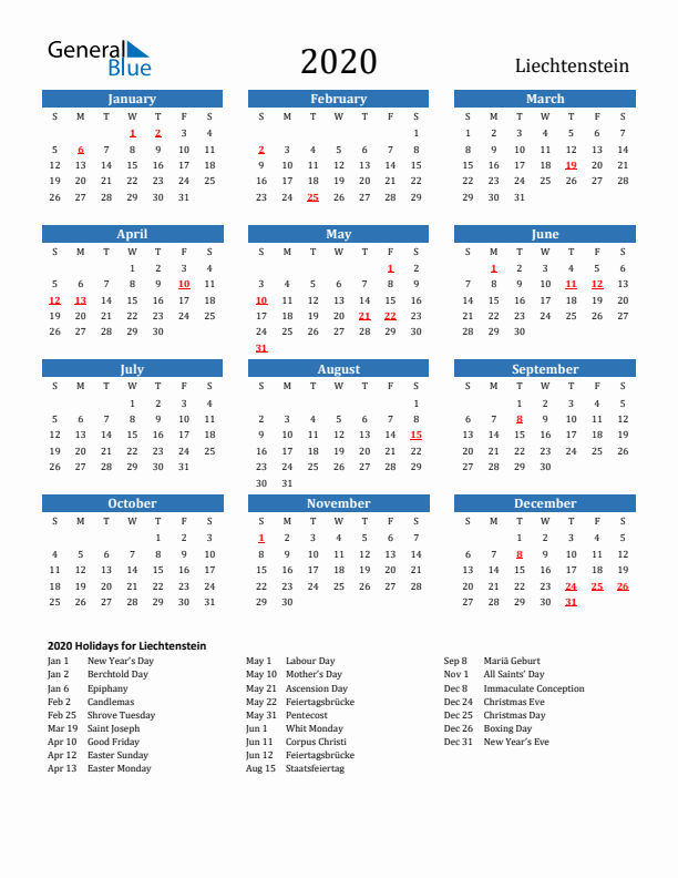 Liechtenstein 2020 Calendar with Holidays