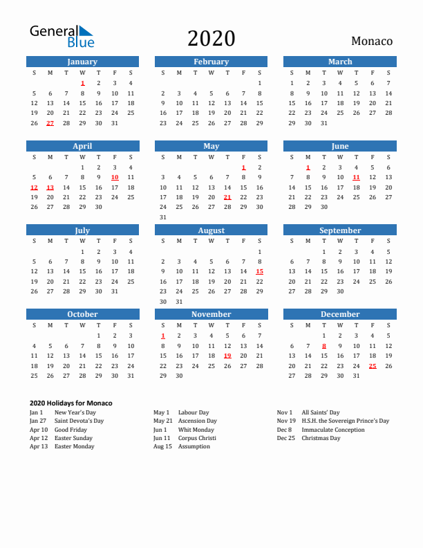 Monaco 2020 Calendar with Holidays