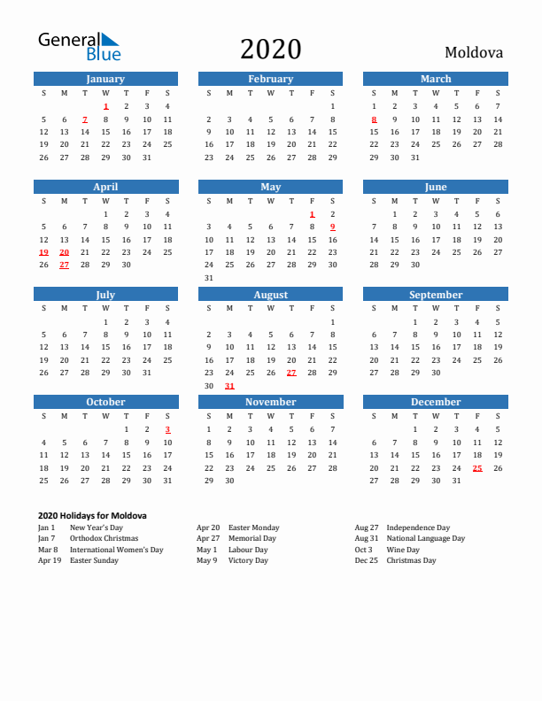 Moldova 2020 Calendar with Holidays