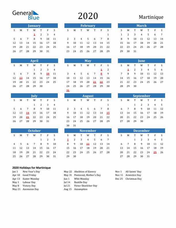 Martinique 2020 Calendar with Holidays