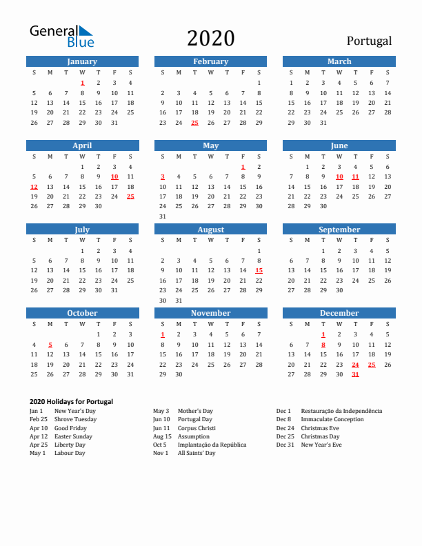 Portugal 2020 Calendar with Holidays