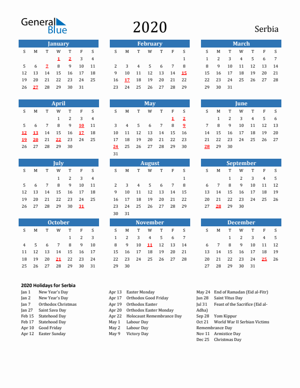 Serbia 2020 Calendar with Holidays