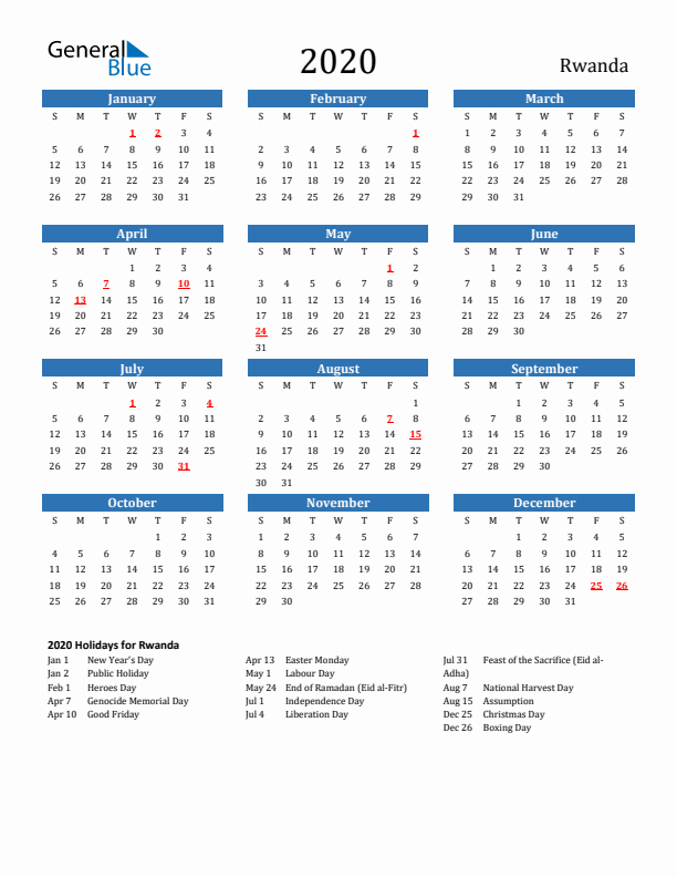 Rwanda 2020 Calendar with Holidays