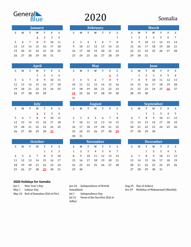 Somalia 2020 Calendar with Holidays