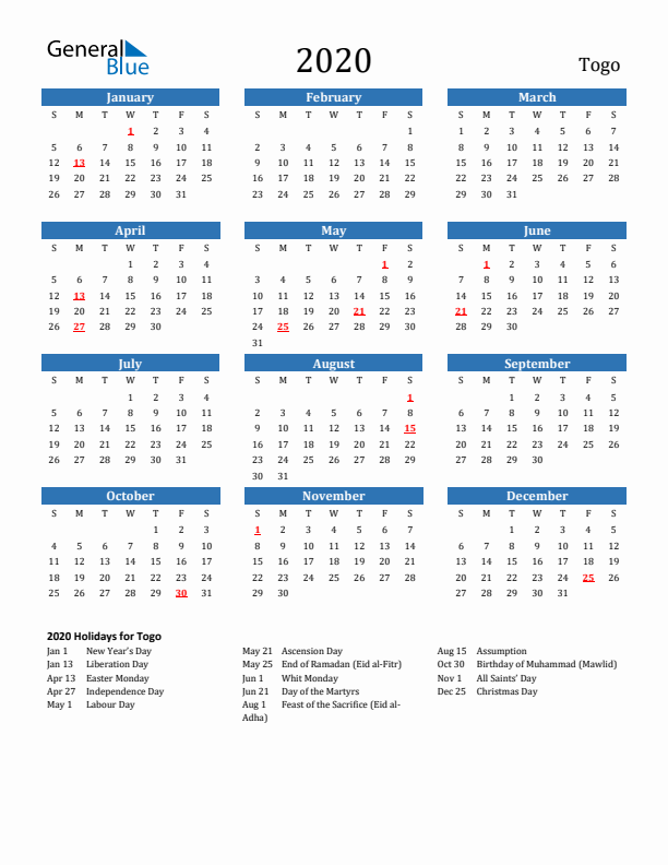 Togo 2020 Calendar with Holidays