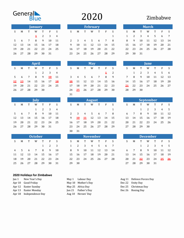 Zimbabwe 2020 Calendar with Holidays