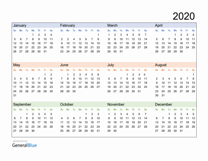 Free Downloadable 2020 Yearly Calendar Template 