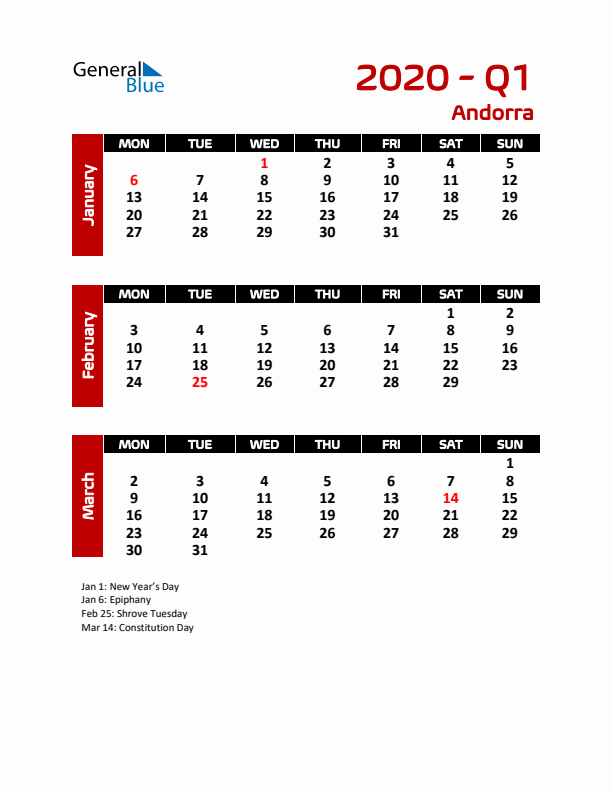 Q1 2020 Calendar with Holidays in Andorra