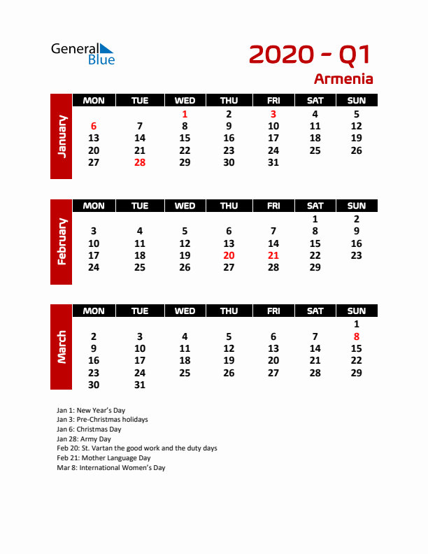 Q1 2020 Calendar with Holidays in Armenia