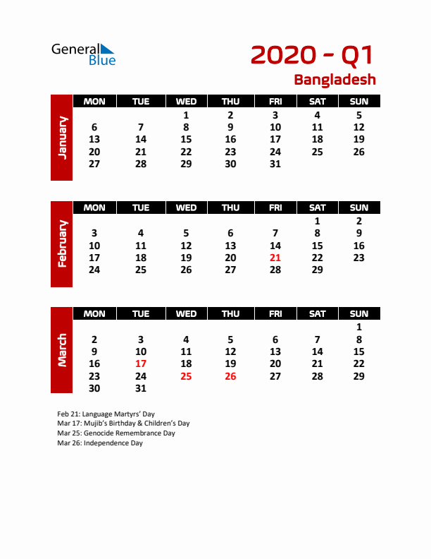 Q1 2020 Calendar with Holidays in Bangladesh