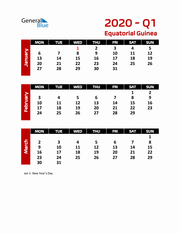 Q1 2020 Calendar with Holidays in Equatorial Guinea