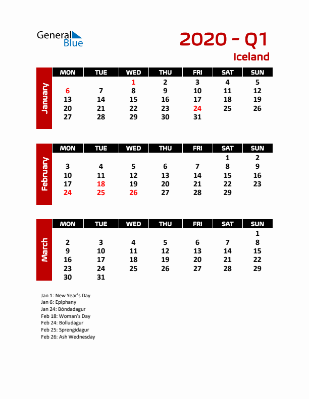 Q1 2020 Calendar with Holidays in Iceland