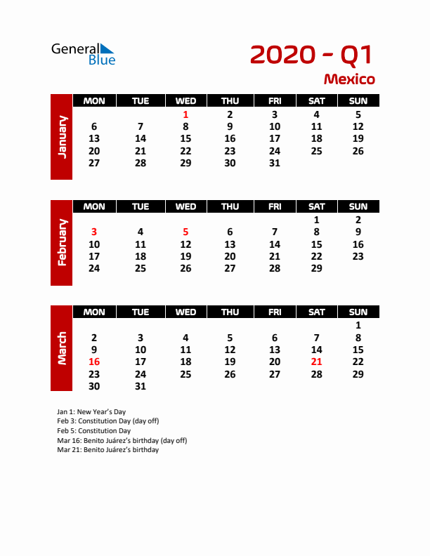 Q1 2020 Calendar with Holidays in Mexico