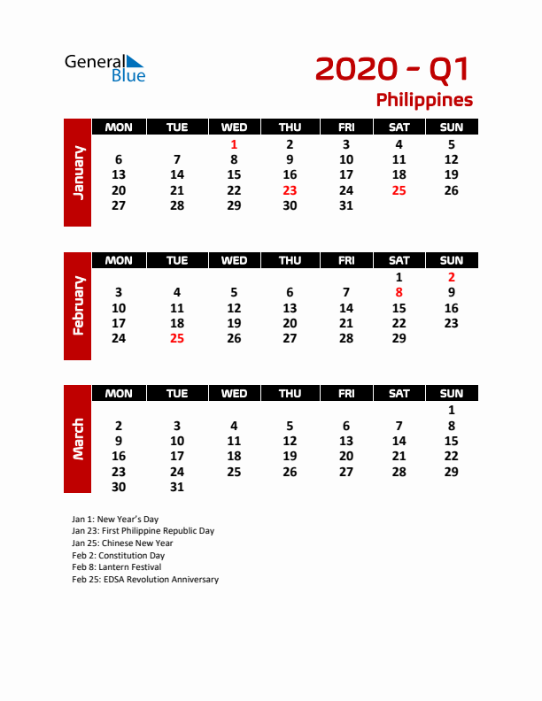 Q1 2020 Calendar with Holidays in Philippines