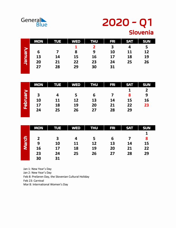 Q1 2020 Calendar with Holidays in Slovenia