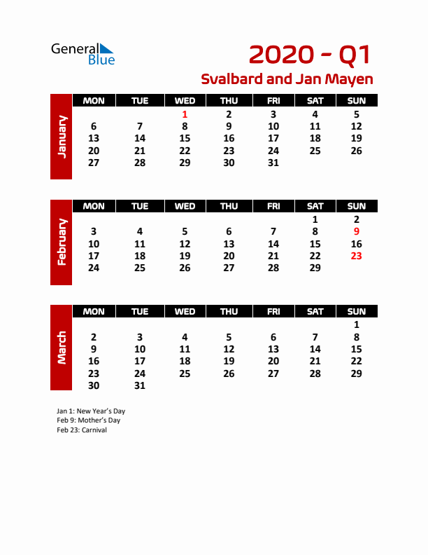 Q1 2020 Calendar with Holidays in Svalbard and Jan Mayen